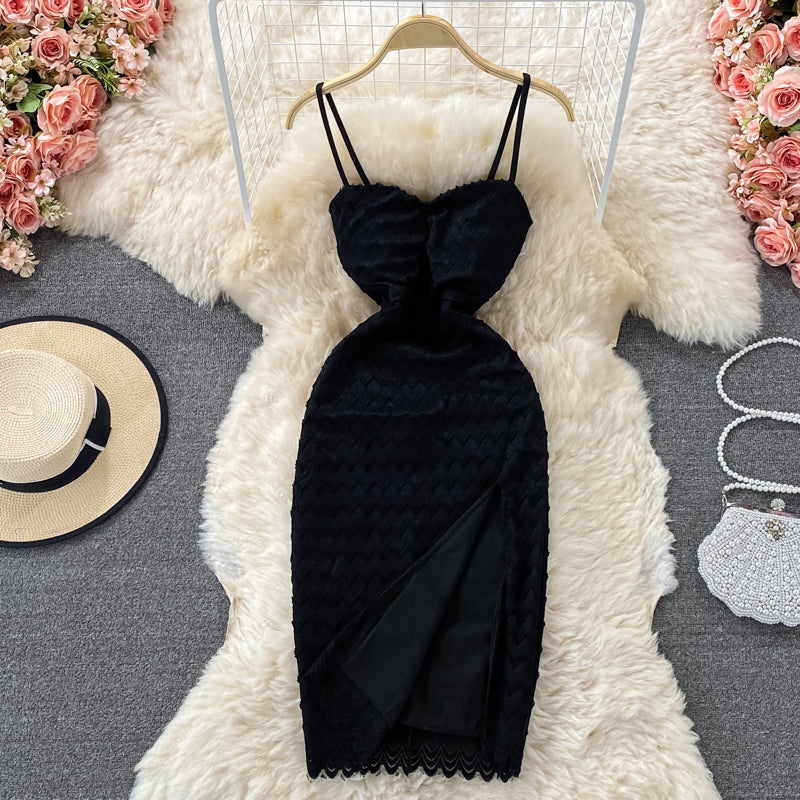 Lace dress feminine elegant split rose powder  2774
