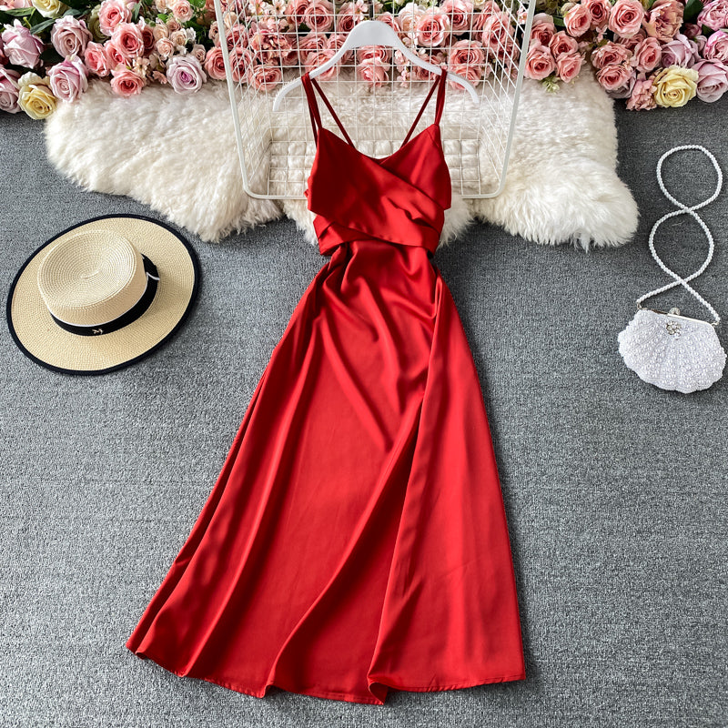 Open back strap waist V-neck suspender dress  3171