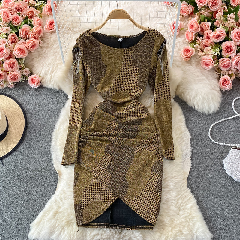 Tassel stitched bright silk irregular fold wrap hip round neck dress  3093