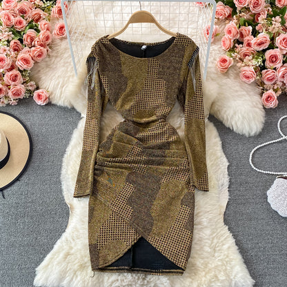 Tassel stitched bright silk irregular fold wrap hip round neck dress  3093