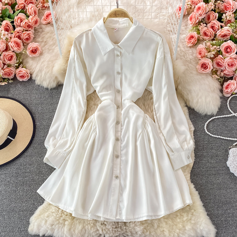 Slim long sleeve A-line shirt skirt waist puffy dress  3356