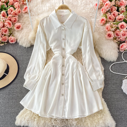 Slim long sleeve A-line shirt skirt waist puffy dress  3356
