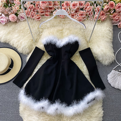 Red/black fashion heart-shaped collar sexy waist slimming off-shoulder Christmas birthday dress 2718
