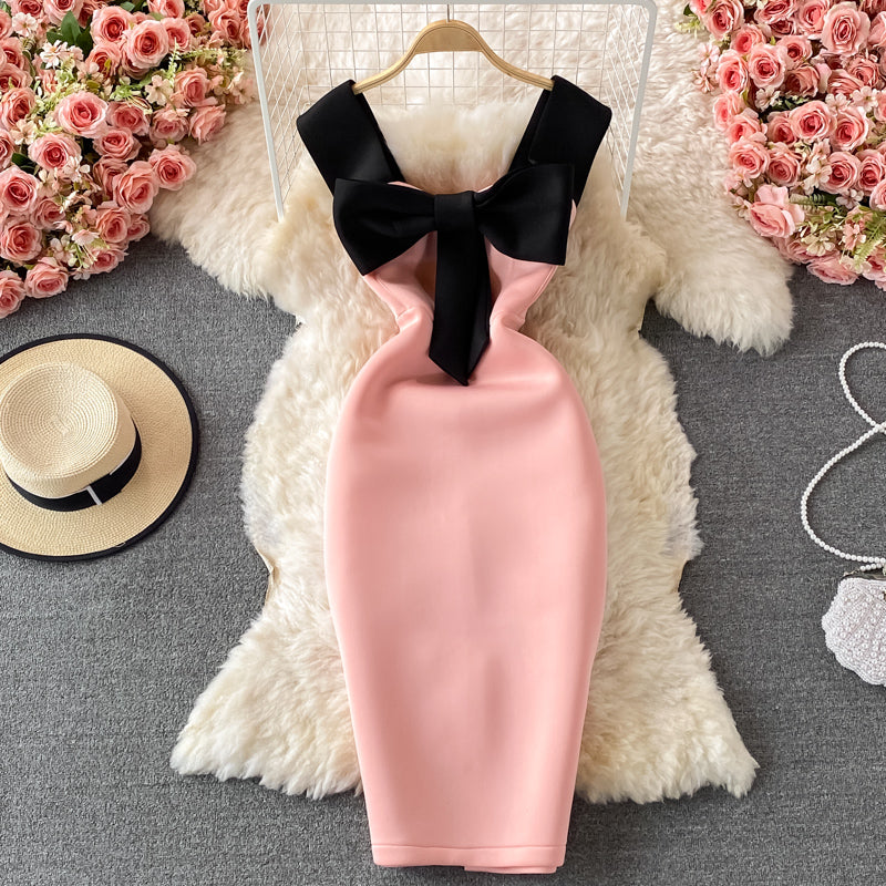Light luxury celebrity dress open back suspender skirt large bow slim fit  2730