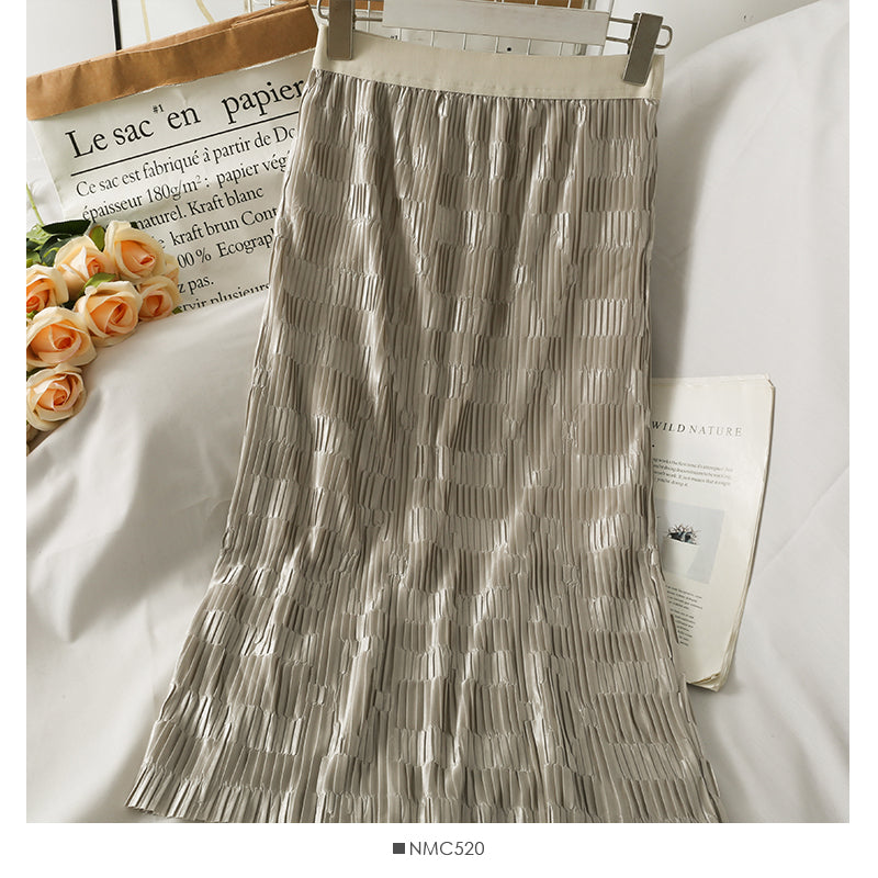 Korean style versatile gloss vertical stripe medium length skirt  2643