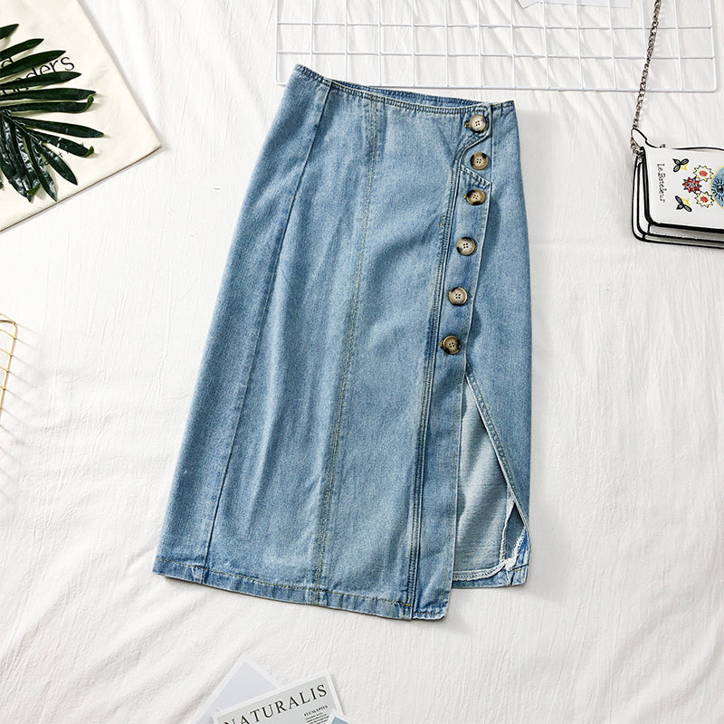 High waist one step medium length skirt cowboy skirt with irregular split  2651
