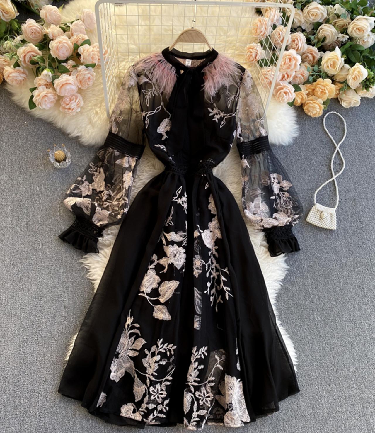 Unique A line embroidery dress black dress  1308