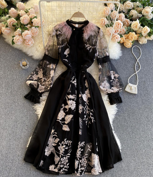 Unique A line embroidery dress black dress  1308