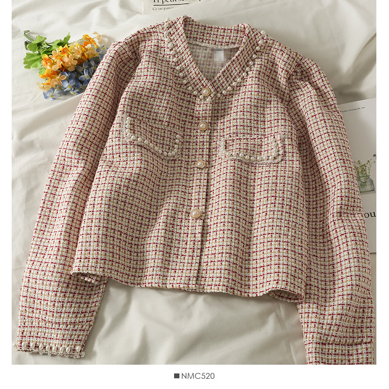 Petit cardigan court en tweed à simple boutonnage petit manteau 2092