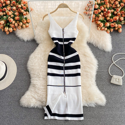 Sleeveless zipper V-neck contrast medium length knitted vest skirt  2992