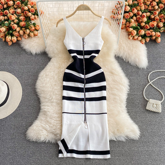 Sleeveless zipper V-neck contrast medium length knitted vest skirt  2992