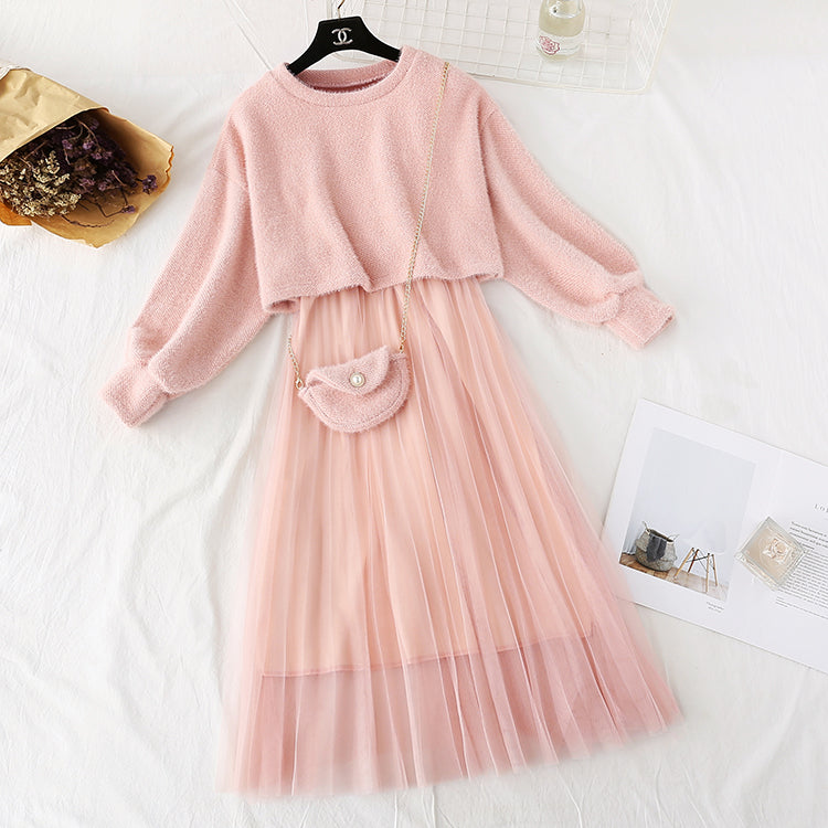 Woolen suit long skirt two-piece sling mesh with bottom dress  2154