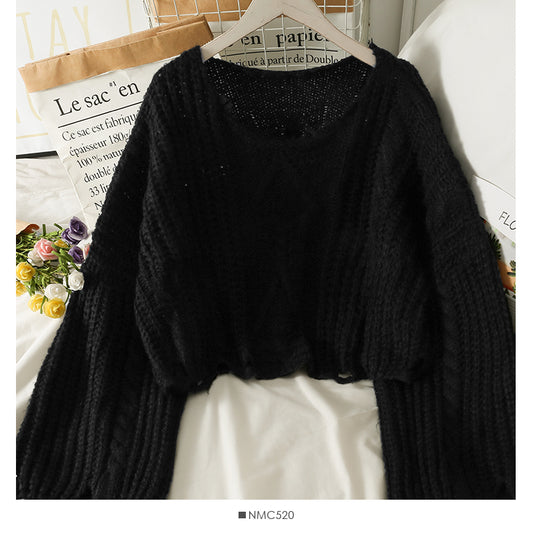 Pullover Damen Herbst lose dünne einzeilige Schulter freiliegender Schlüsselbeinpullover 1904