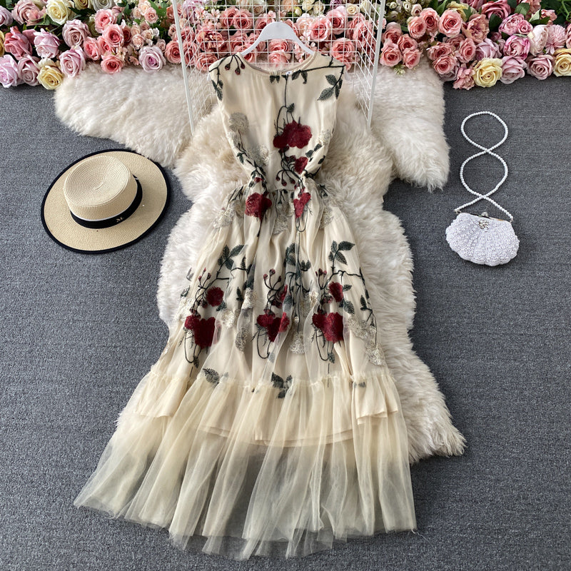 French Vintage mesh Rose Embroidered round neck dress  2942