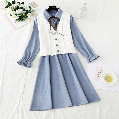 Knitted vest corduroy dress sweet college style fashion suit skirt two-piece set  2307