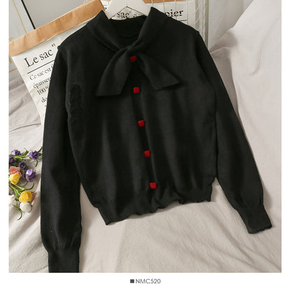 Sweet and versatile bow stand collar single breasted Pullover Sweater  2026
