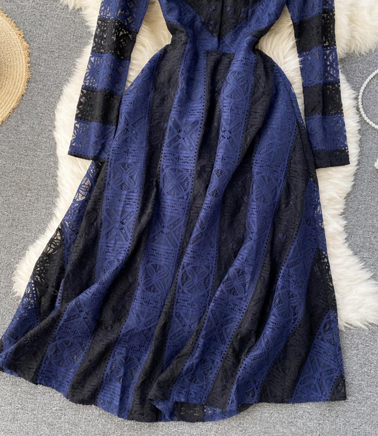 Blue lace long sleeve dress A line dress  1301