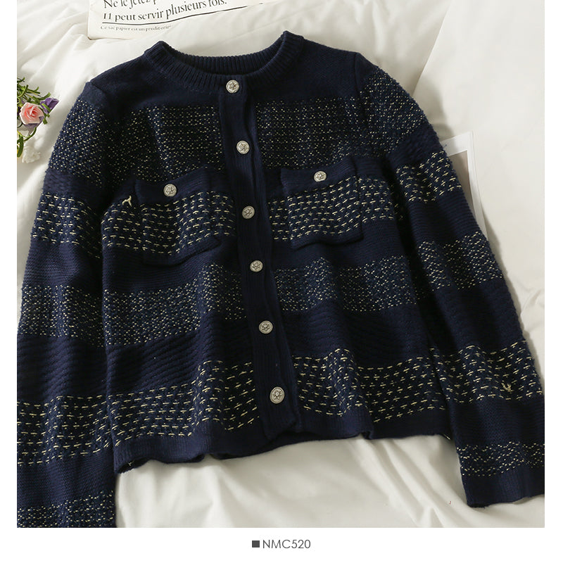 Korean retro bright silk striped single breasted cardigan women's sweater  2072