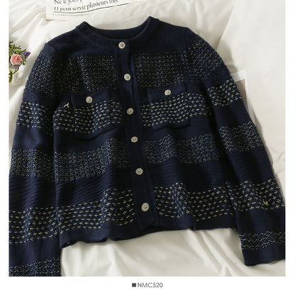 Korean retro bright silk striped single breasted cardigan women's sweater  2072