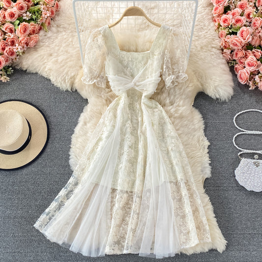 Temperament mesh stitched fairy skirt bubble sleeve dress  3332