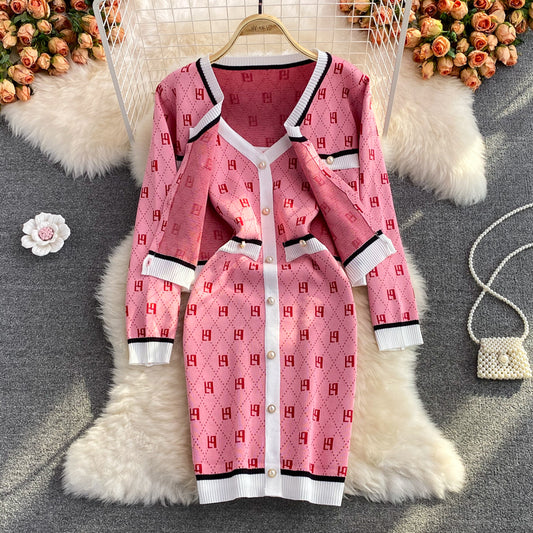 Knitted cardigan two piece V-neck suspender dress  3260