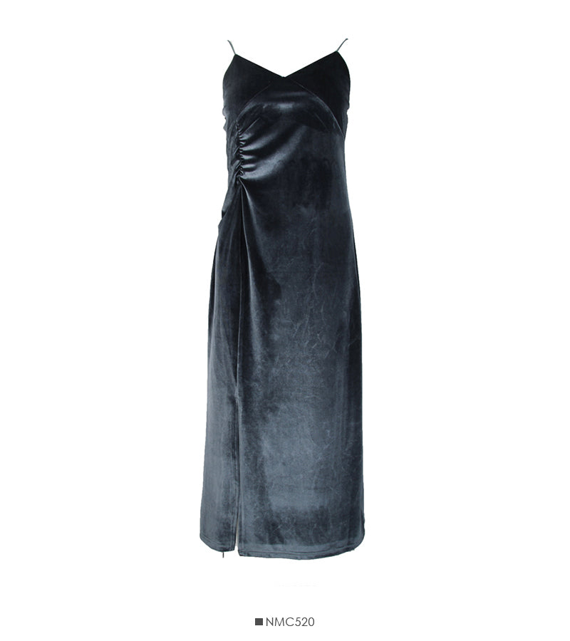 Hong Kong Style Vintage golden velvet medium and long split bottom suspender skirt  2710