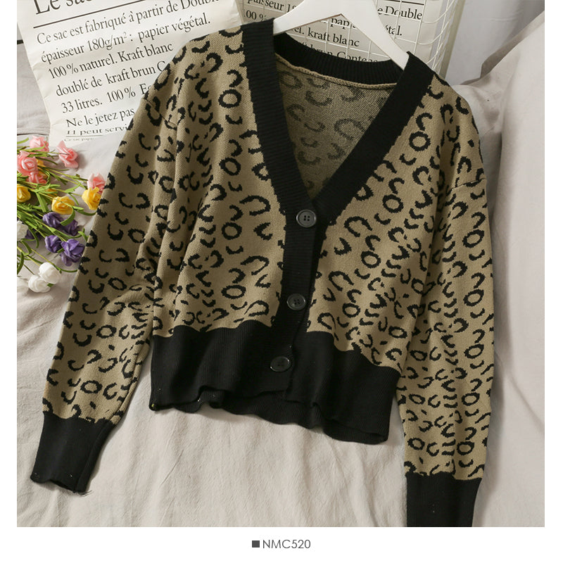 Korean retro color matching leopard three button cardigan women's sweater  1947