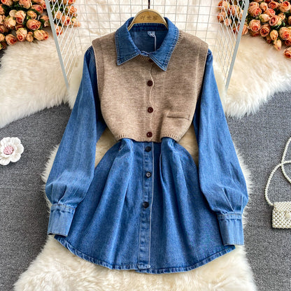 High waist slim long sleeve Lapel denim dress  3378