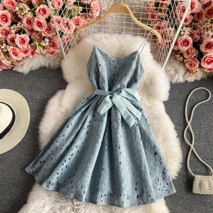 Sweet little fresh suspender skirt high waist backless lace dress  2893