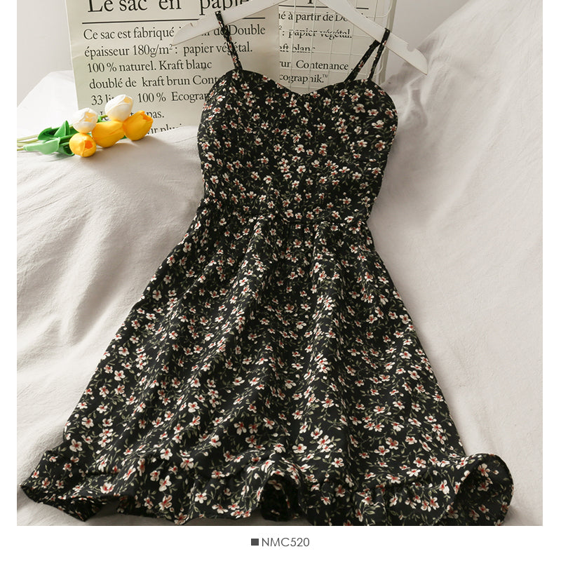Jupe à bretelles taille haute à motif floral rétro de style Hong Kong 2678