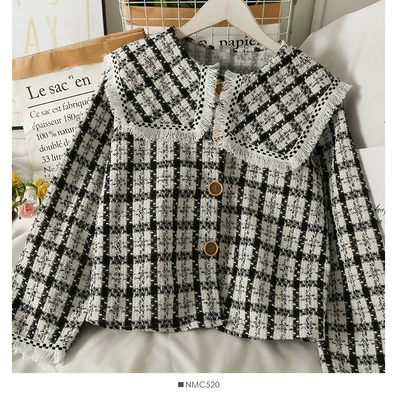 Hong Kong style retro tassels woolen baby collar tweed short shirt style coat women  2119