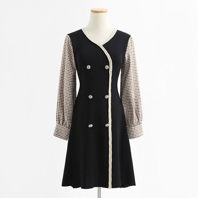 Dress long sleeve aging temperament Plaid knitted skirt with slim waist  2426