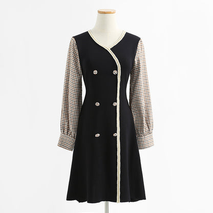 Dress long sleeve aging temperament Plaid knitted skirt with slim waist  2426