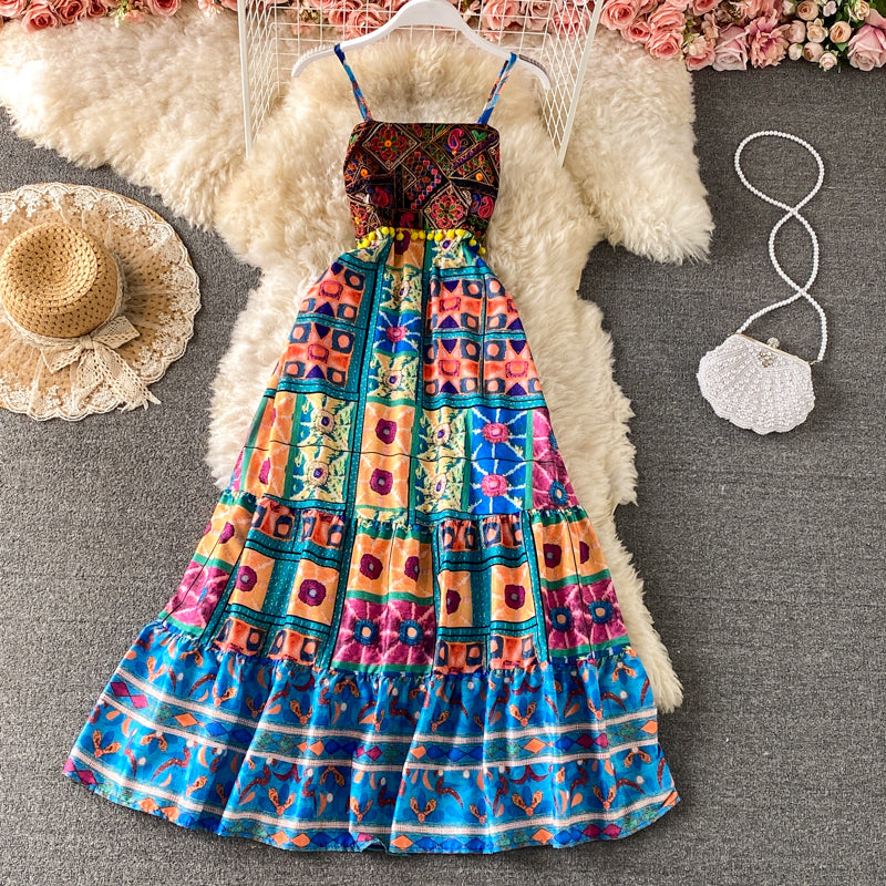 Printed ethnic embroidery suspender dress  3439