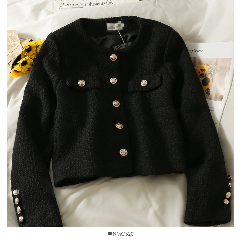 Hong Kong Style Vintage tweed round neck single breasted cardigan small coat  2108