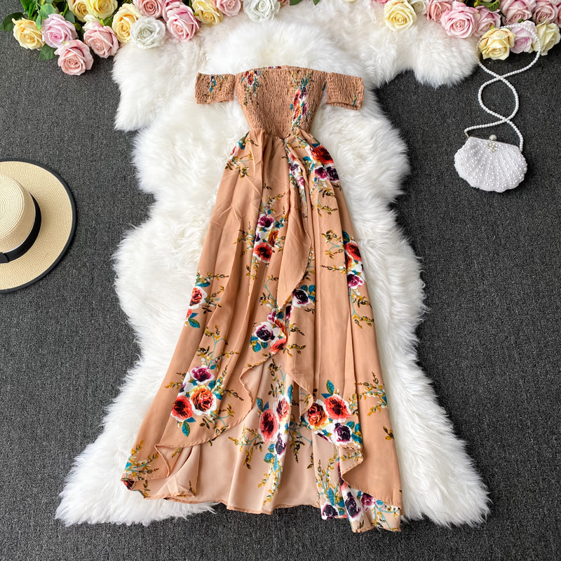 Fashion temperament one shoulder Strapless Floral Dress  2927