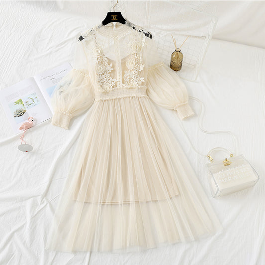 French retro skirt autumn mesh suspender skirt set  2132