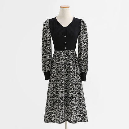 New Retro long skirt stitched black knitted skirt premium skirt  2238