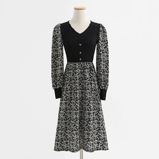 New Retro long skirt stitched black knitted skirt premium skirt  2238
