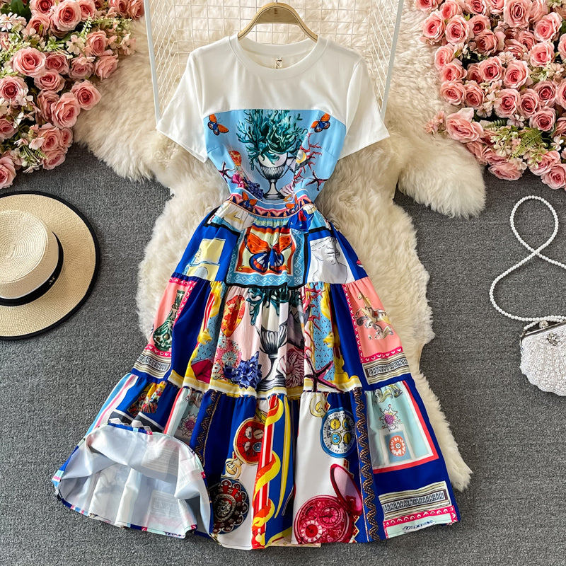 Temperament slim waist print Crew Neck Dress  2901