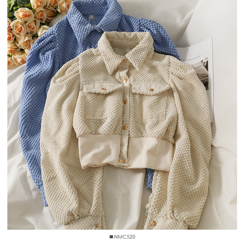 Korean short single breasted cardigan Lapel slim fit versatile long sleeved top fashion  2107