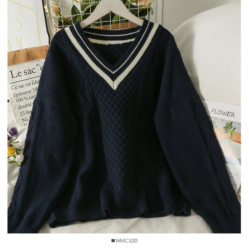 Pull femme à carreaux losanges pull ample et fin col V coréen 1863