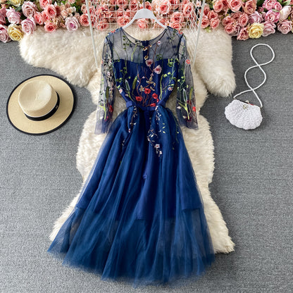 Mesh lace up banquet embroidery slim medium length dress  3162