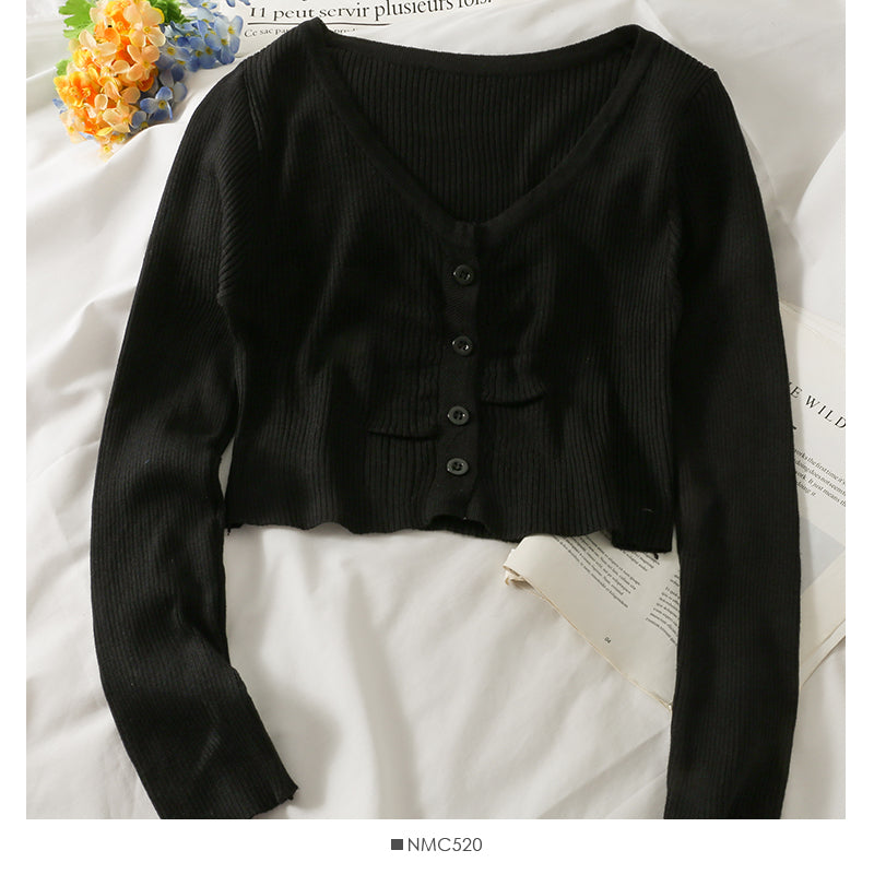 Long sleeve single breasted top women's new short versatile slim knit  1973