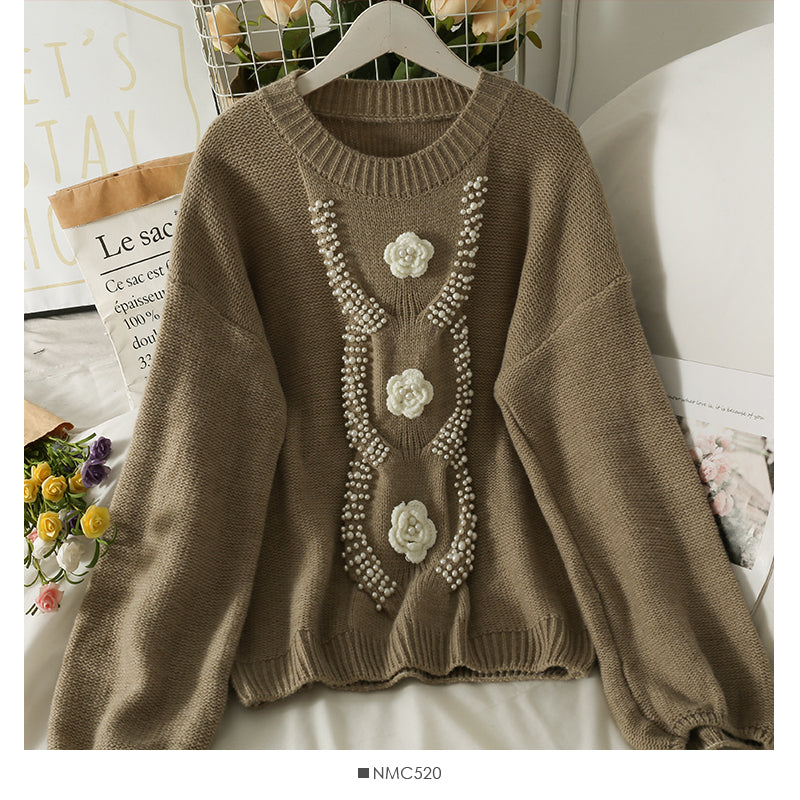 Han Fan nail bead three-dimensional flower round neck bubble sleeve T-shirt  1944