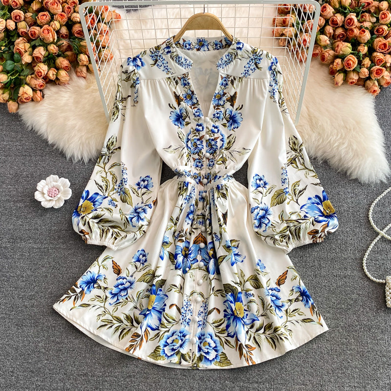 Hoch tailliertes, schlankes, mittellanges, bedrucktes Kleid mit V-Ausschnitt 3012
