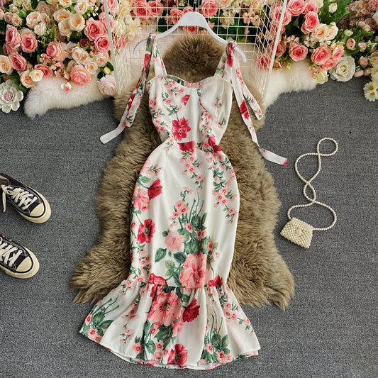 Printed fishtail skirt with slim waist and high height  2800