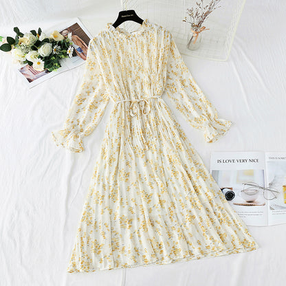 Dress women's French retro pleated waist slim dress  2167