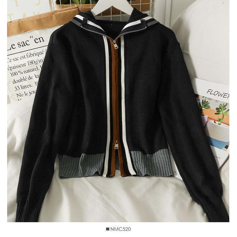 Hooded sweater women's stripe loose slim zipper sweater  2014