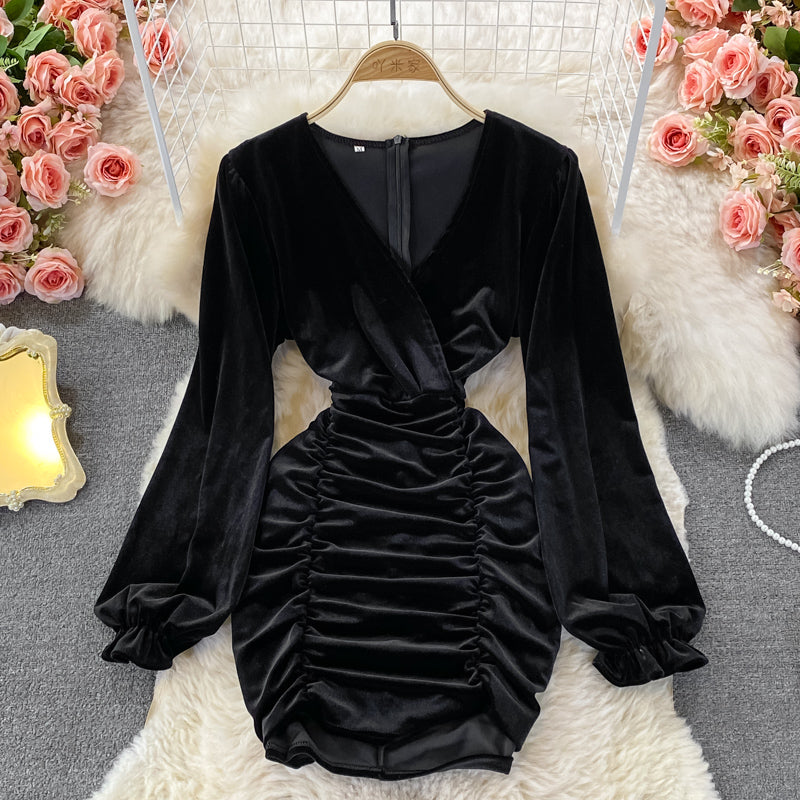 V-Neck long sleeve pleated slim wrap hip dress  3018
